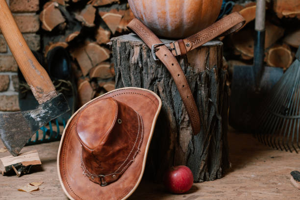 istock Leather hat stands in front of tree stump on veranda 1281654012