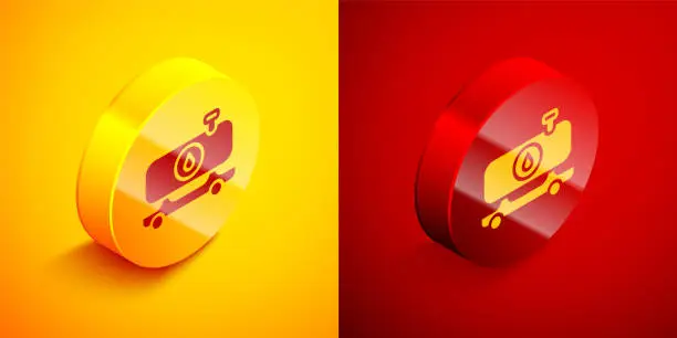 Vector illustration of Isometric Fuel tanker truck icon isolated on orange and red background. Gasoline tanker. Circle button. Vector