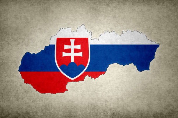Grunge map of Slovakia with its flag printed within its border on an old paper.