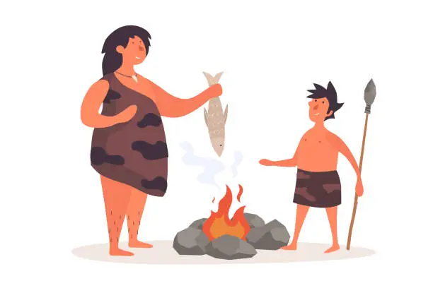 Vector illustration of A primitive woman, dressed in pelt, holds a fish and talks to her child.