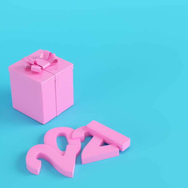 istock Pink present box with 2021 figures on bright blue background in pastel colors 1281663167