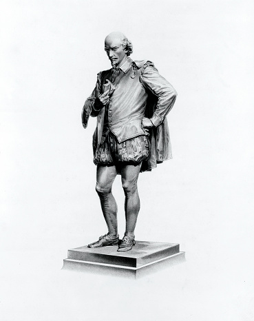 Vintage image features a statue of William Shakespeare (1564-1616), an English playwright, poet, and actor, widely regarded as the greatest writer in the English language and the world's greatest dramatist.