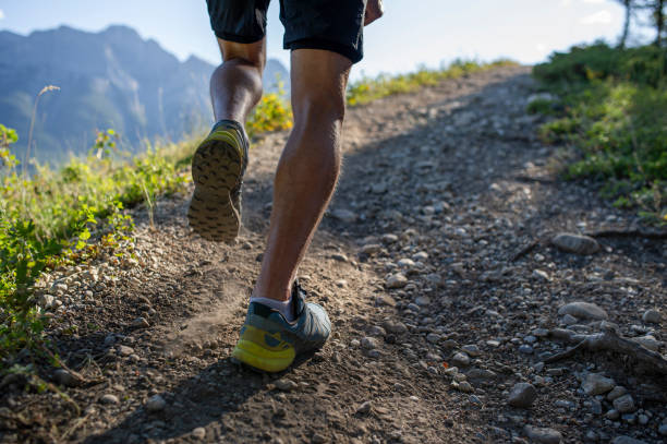 istock Man trail runs along mountain ridge at sunrise 1281664676