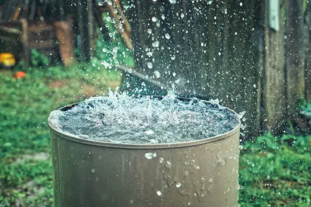 Photo of Rain barrel. Strong stream of water pours into an old metal barrel during heavy rain