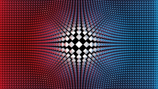 Bright white geometrical shape at the center of a blue and red pattern. Central point, abstract concept. Digital 3D render.