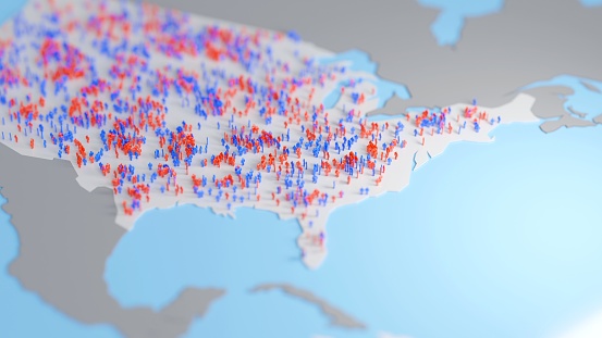 Red and blue simple human figures over a US map, representing republican and democratic voters. Digital 3D render.