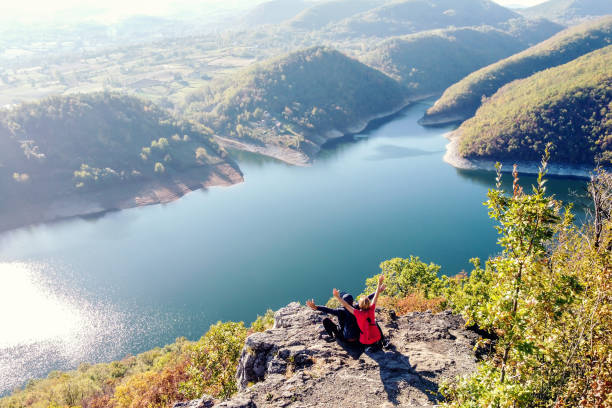 Hikers on mountains panorama view