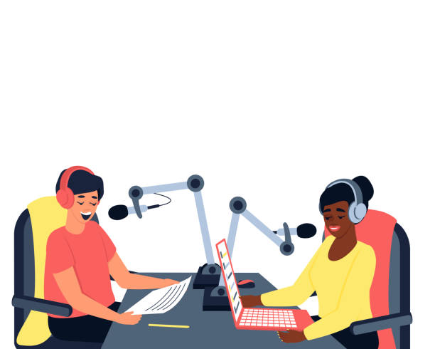 There are two radio presenters, a man and a woman, in the studio There are two radio presenters, a man and a woman, in the studio. The African American works in the radio. Podcast is a modern format for presenting information. Flat vector illustration radio dj stock illustrations