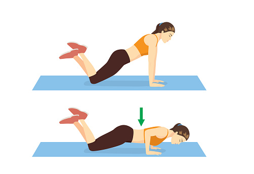Woman doing exercise with Knee Push Up in 2 steps. Cartoon for workout diagram in exercise posture for flat abs.
