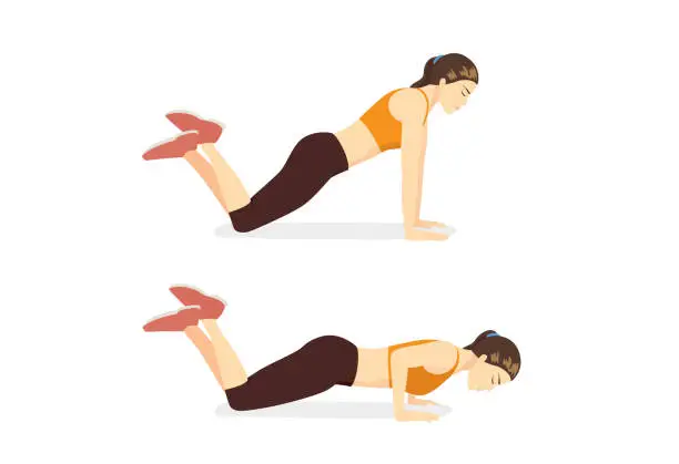 Vector illustration of Woman doing exercise with Knee Push Up in 2 steps.