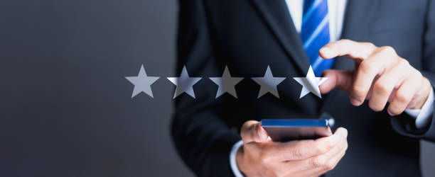 istock Businessman pointing five star to increase rating, Customer feedback and experience concept. 1281672759