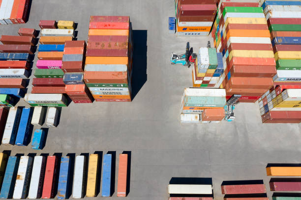 istock Aerial View of Cargo Containers in Shunting Yard 1281672784