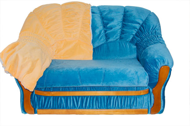 istock bright double sofa after renovation, isolated on a white background. Repair of upholstered furniture 1281673253