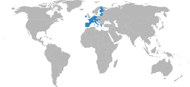 illustrazioni stock, clip art, cartoni animati e icone di tendenza di stati membri dell'eurozona isolati sulla mappa del mondo. - bce
