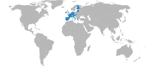 Vector illustration of Eurozone member states isolated on world map.