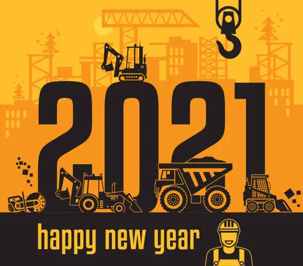 Vector illustration of Construction machinery, Happy New Year card