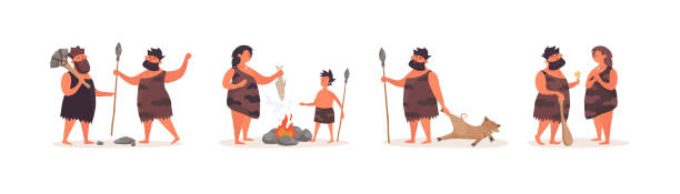 Primitive people hold ancient hunting tools, fry food at the stake, get food, declare their love. Set of stone age people on isolated background. Primitive people hold ancient hunting tools, fry food at the stake, get food, declare their love. Vector illustration in flat cartoon style. paleo stock illustrations