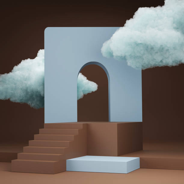 istock 3D background, pedestal podium with clouds. Brown and light blue. Pastel beige display showcase set for Beauty, Cosmetic product presentation. Abstract , art deco,  geometric minimal  3D render mockup 1281676087