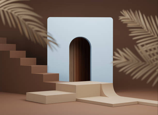 istock 3D background with pedestal podium and palm leaf. Exotic Brown and light blue. Pastel beige display showcase set. Beauty, Cosmetic product presentation. Abstract art deco minimal natural 3D render 1281676131