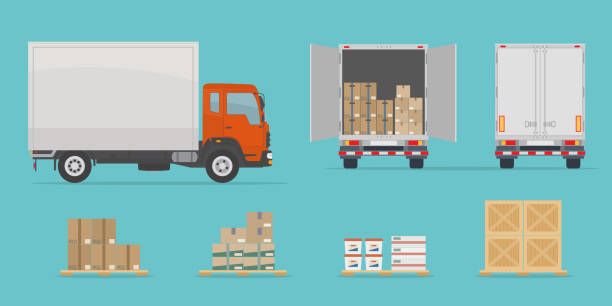 Delivery truck side and back view, and different boxes. Isolated on blue background. Delivery truck side and back view, and different boxes. Isolated on blue background. Warehouse Equipment, cargo delivery, storage service concept. Flat style, vector illustration. truck stock illustrations