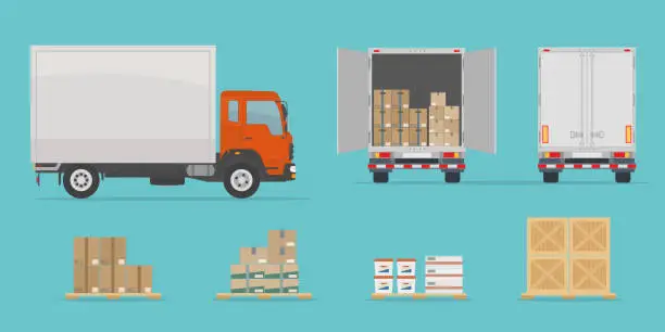 Vector illustration of Delivery truck side and back view, and different boxes. Isolated on blue background.