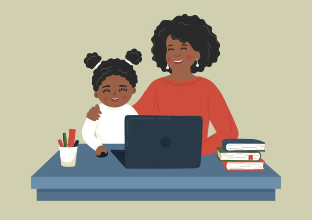ilustraciones, imágenes clip art, dibujos animados e iconos de stock de aprendizaje remoto. madre africana ayudando a un niño a estudiar usando computadora portátil. - preschool teacher