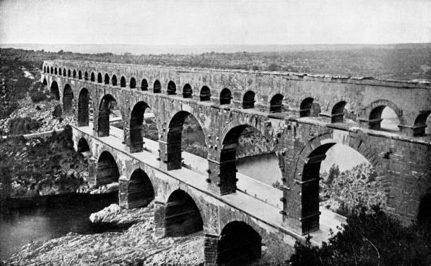 ilustraciones, imágenes clip art, dibujos animados e iconos de stock de acueducto romano pont du gard en nimes, francia - siglo xix - roman aqueduct