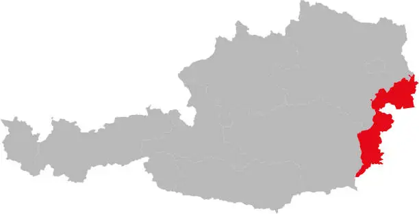 Vector illustration of Burgenland province highlighted on Austria map.