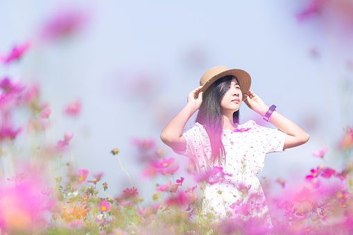 Asian woman with white dress relaxing on Margaret Aster flower field in garden