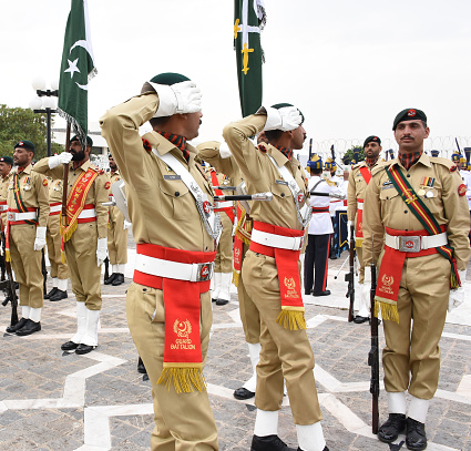 Islamabad / Pakistan - November 3, 2015: Guard of Honor Battalion of the Pakistan Army, during the official ceremony at the Aiwan-e-Sadr Presidential Palace of the President of Pakistan.