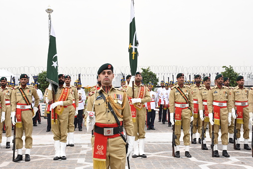 Islamabad / Pakistan - November 3, 2015: Guard of Honor Battalion of the Pakistan Army, during the official ceremony at the Aiwan-e-Sadr Presidential Palace of the President of Pakistan.