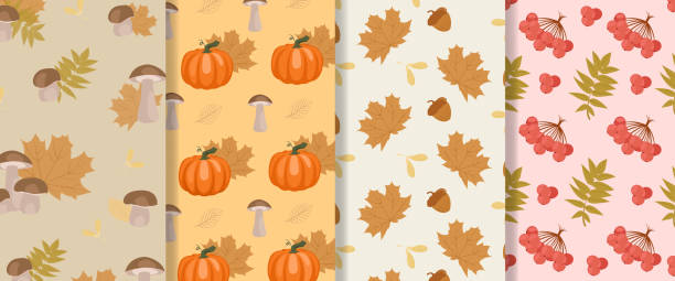 sammlung von herbst nahtlose muster mit doodle blätter. textur für tapete, webseite hintergrund, packpapier. herbstgestaltung und konzeption. vektor-illustration - scrap gold illustrations stock-grafiken, -clipart, -cartoons und -symbole