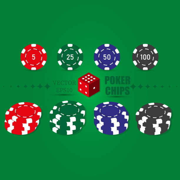 pokerowy zestaw ikon żetonów kasyna z cieniem. czerwone, zielone, niebieskie, czarne żetony pokerowe. wektor izolowany na zielonym tle. wektor eps10 - gambling chip green stack gambling stock illustrations