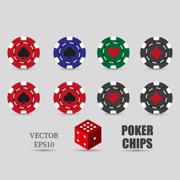 pokerowy zestaw ikon żetonów kasyna z cieniem. czerwone, zielone, niebieskie, czarne żetony pokerowe. piki, trefly, diamenty, garnitury serc. wektor eps10 - gambling chip green stack gambling stock illustrations