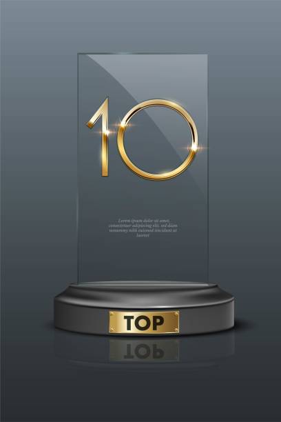 istock Top 10 rectangular award trophy. Glass prize with gold number 10. Champion glory in competition vector illustration. Hollywood fame in film and cinema or championship in sport 1281683474