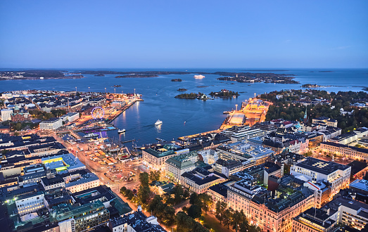 Aerial view of Helsinki Port in the autumn evening, Finland.