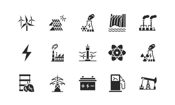 Power plant flat glyph icons set. Energy generation station. Vector illustration alternative renewable energy sources included solar, wind, hydro, tidal, geothermal and biomass energy. Black silhouette. Power plant flat glyph icons set. Energy generation station. Vector illustration alternative renewable energy sources included solar, wind, hydro, tidal, geothermal and biomass energy. Black silhouette geothermal reserve stock illustrations