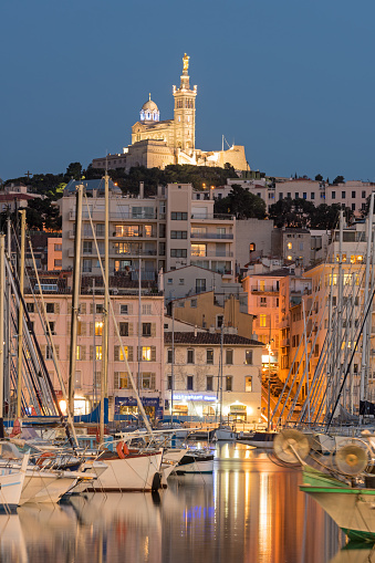 Marseille, France - 4th July 2015: Basilique Notre-Dame de la Garde from the harbour in Marseille, France, Europe.