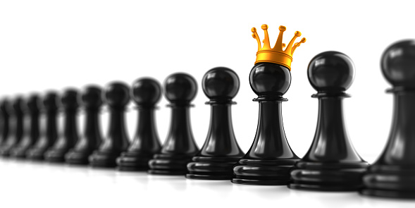 Unique chess pawn with golden crown. Business leadership concept, stand out from the crowd. 3d illustration.