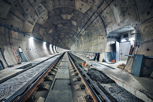 Railway tunnel during construction. Ejpovicke tunely/Ejpovice tunnels. Railway corridor.