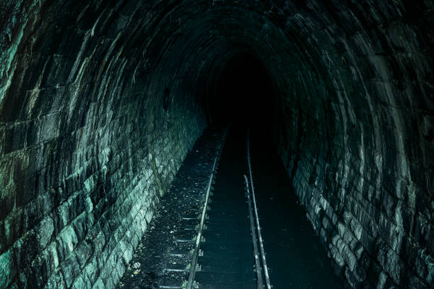 istock Dark flooded single track tunnel. Old abandoned railway tunnel. 1281687023