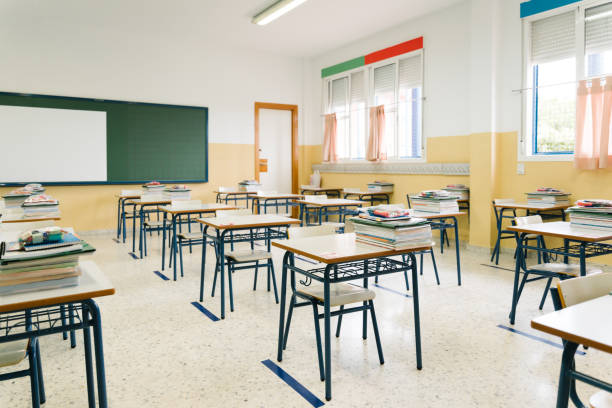 istock Empty classroom. Back to school during the Covid pandemic 1281689363
