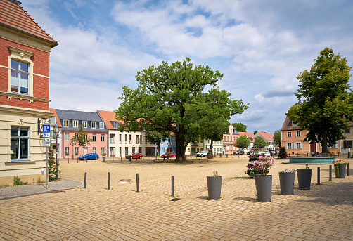 Potsdam - Werder, Germany – JULY 25, 2020: Market place on Werder Island, part of the town of Werder on the banks of the Havel near Potsdam