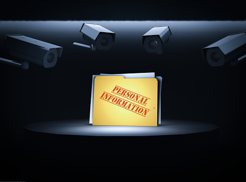 3d render image of a folder with sign PERSONAL INFORMATION in the spotlight and video cameras watching over it.