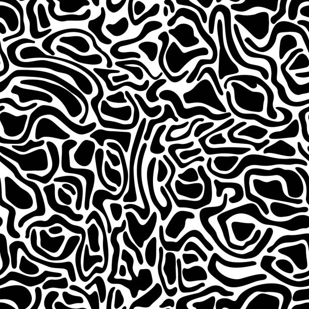 ilustrações de stock, clip art, desenhos animados e ícones de abstract wavy curved shapes. black and white geometric seamless pattern. natural organic forms rounded objects seamless pattern. - caos ilustrações