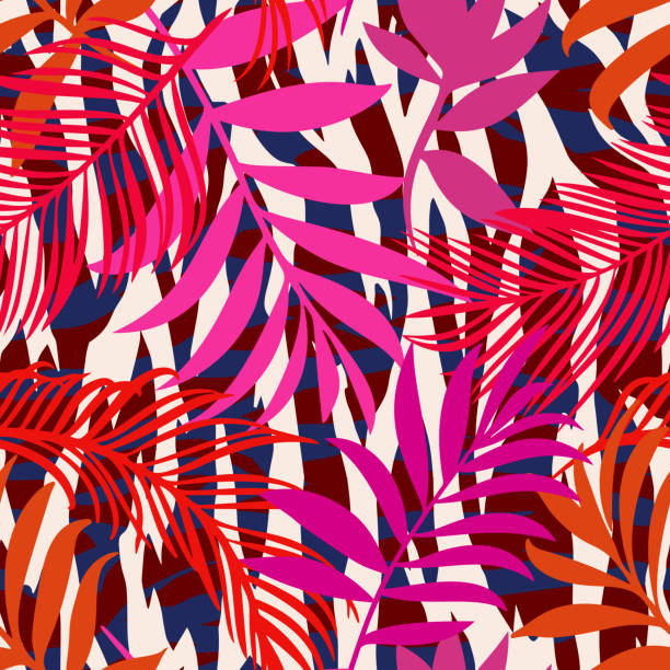 Botanical seamless pattern mixed with zebra stripes skin texture. Hand drawn fantasy exotic sprigs and leafage. Floral background made of herbal foliage leaves for fashion design, textile, fabric.