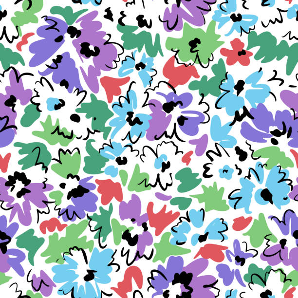 Bright floral seamless pattern. Outline contour lines forming stylized blooming daisy flowers. Simple geometric shapes as curved lines and brush strokes. Sketch drawing. Flowers all over print. Bright floral seamless pattern. Outline contour lines forming stylized blooming daisy flowers. Simple geometric shapes as curved lines and brush strokes. Sketch drawing. Flowers all over print. all over pattern stock illustrations