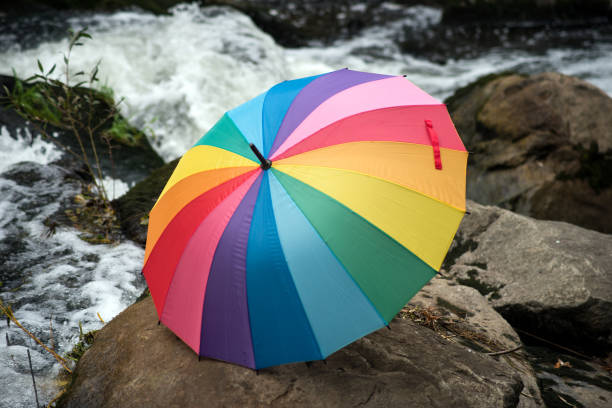 istock rainbow umbrella on the rocks in border river 1281695290