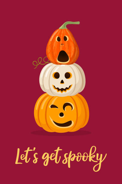 illustrazioni stock, clip art, cartoni animati e icone di tendenza di carino biglietto d'auguri di halloween con zucca jack'o'lantern. illustrazione vettoriale pronta per la stampa per cartolina, poster, modello per i social media. - halloween pumpkin party carving