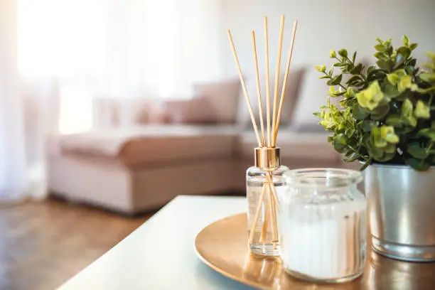 Decoration, hygge and aromatherapy concept - Aroma reed diffuser, burning candle, branches of green plant and perfume on table at home. Scent sticks aromatic in jar on table